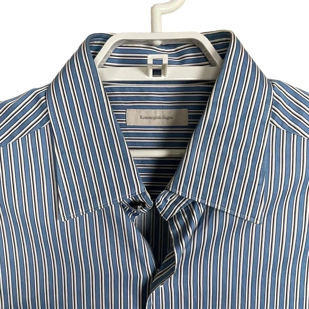 Ermenegildo Zegna Italy Size XL Button Down Long Sleeve Blue White Striped Shirt